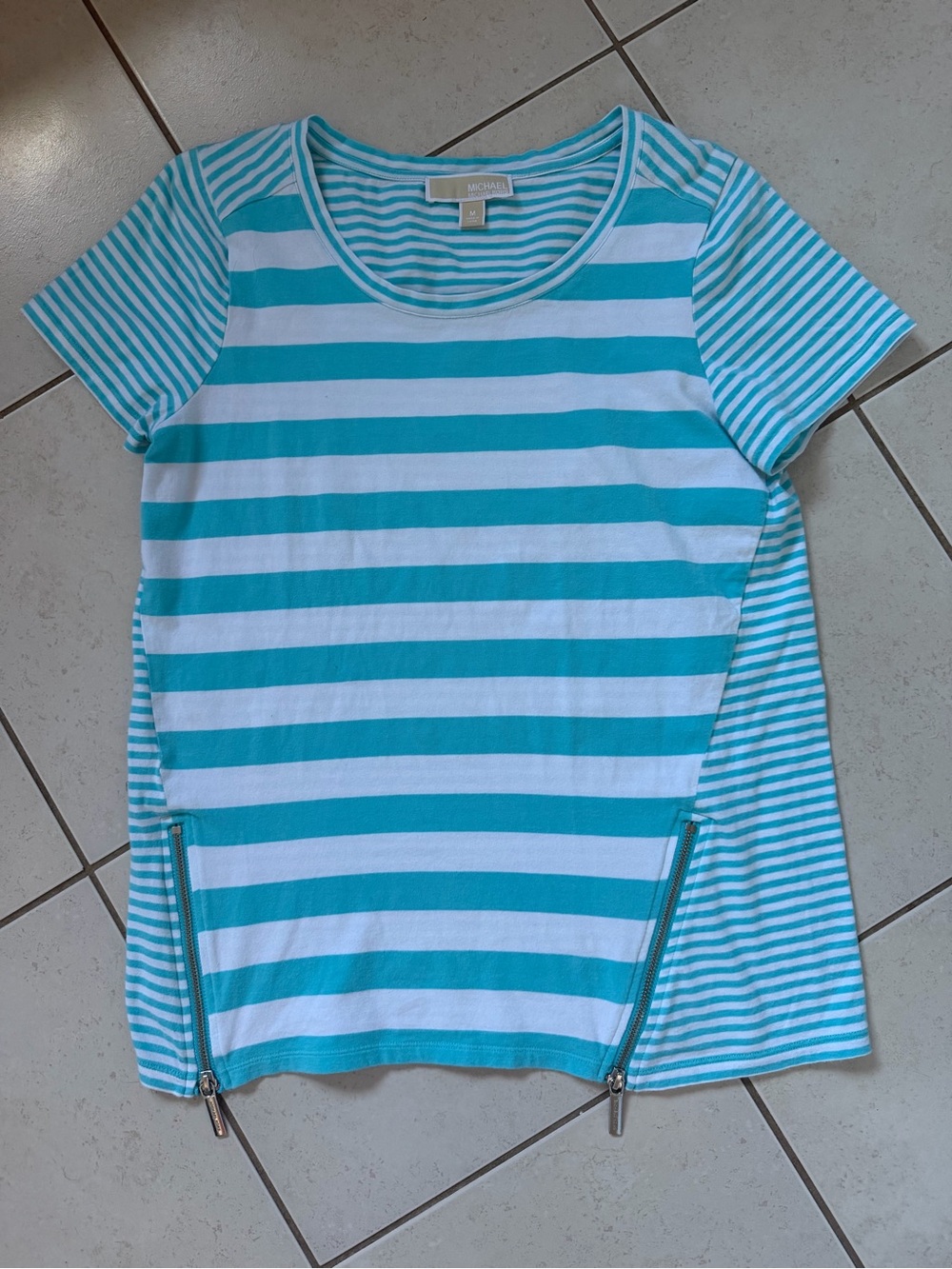 Michael Kors Aqua and White Striped Short-Sleeve Tee with Side Zippers